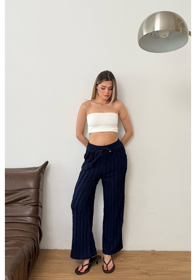 Giysa Kadın Beli Ayarlanabilir Fırfır Detaylı Çift Cepli Pantolon Lacivert - Ms0001626