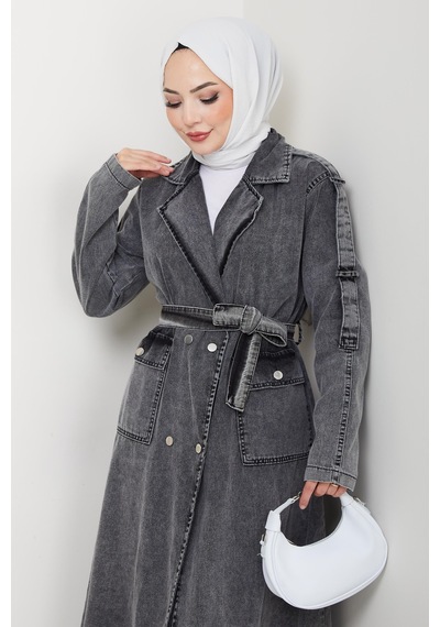 Hb Harma Time Butik Kadın Cepli Kuşaklı Denim Koyu Gri Trençkot