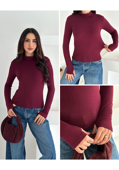 Kadın Yarım Balıkçı Yaka Parmak Geçmeli Full Likralı Buzz Body Bordo