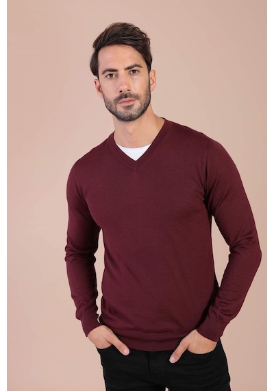 Ferraro V Yaka Superfine Yün Kazak - Bordo Bordo