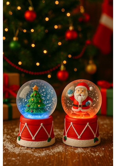 Yeni Yılın En Güzel Hediyesi Yılbaşı 2 Adet Led Işıklı 6,5 Cm Noel Baba Yılbaşı Çam Ağacı Kar Küresi Dekoratif Obje