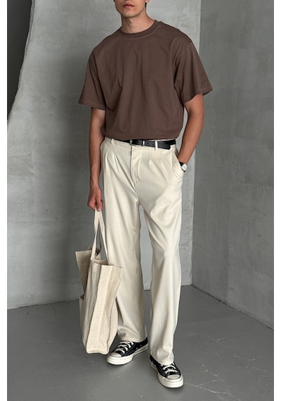 Hyman Erkek %100 Pamuk Oversize Basic T-shirt Kahverengi