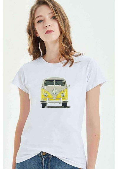 Sarı Volkswagen Van T1 Minubus Barış Baskılı Beyaz Kadın Tshirt