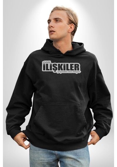 Ciddi İlişkiler Şarjımdan Önce Bitiyor Yazılı Kadın Erkek Siyah Kapüşonlu Sweatshirt Hoodie Siyah