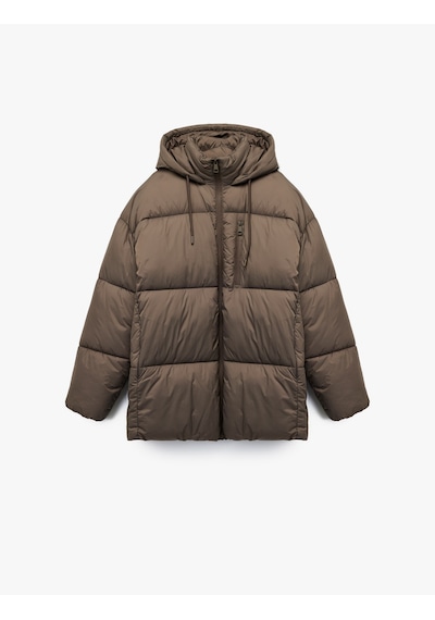 Koton Uzun Kollu Fermuarlı Kapüşonlu Anorak Oversize Şişme Mont Antrasit 6wak00157ew