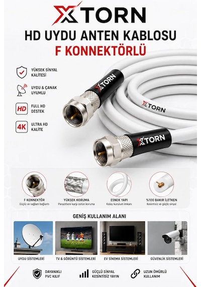 Torn Hd Uydu Anten Kablosu 15 Metre F Konnektörlü Full Hd 4k Tv Kablosu