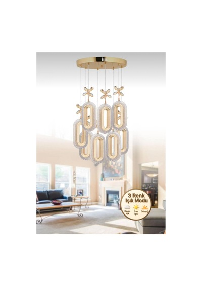 8'li Zenith Gold Avize 3 Renk Ledli Altın