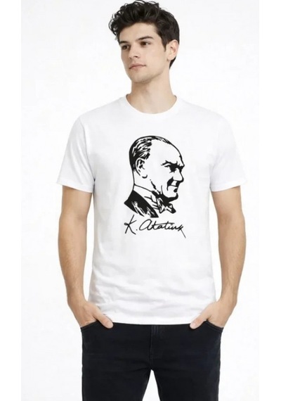 Efnaz Style Erkek Atatürk Baskılı Tişört Kısa Kollu Bisiklet Yaka T-shirt - Beyaz