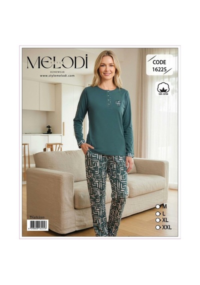 Melodi Kadın Standart Kalıp %100 Pamuk Düğmeli Yaka Uzun Kollu Baharlık Pijama Takımı 16225 - 1 Adet Petrol Melodi Kadın Standart Kalıp %100 Pamuk Düğmeli Yaka Uzun Kollu Baharlık Pijama Takımı 16225 - 1 Adet Petrol