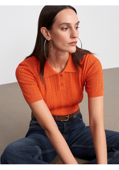 Dilvin 10781 Polo Yaka Ajurlu Triko Bluz-oranj
