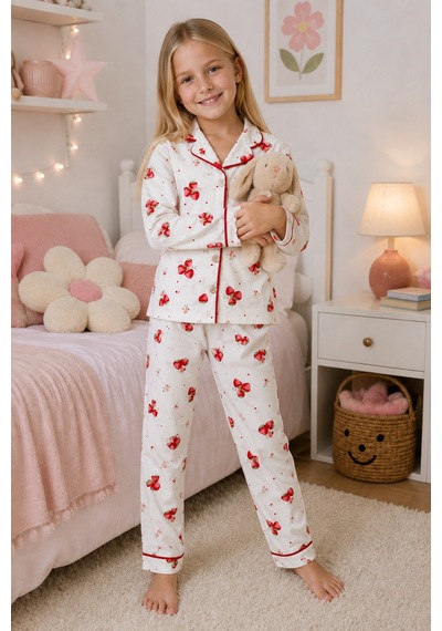 Beniizle Kız Çocuk Çilek Desenli Uzun Kollu Pijama Takımı Beyaz