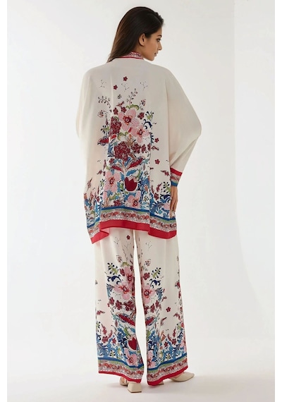 Hiccup Baskıllı Yüksek Bel Kimono Ve Pantolon İkili Modest Takım Beyaz