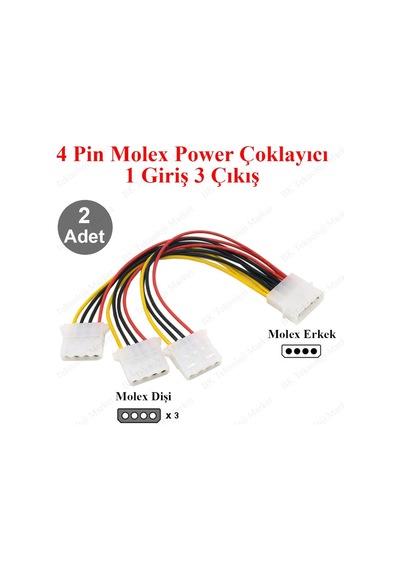 4 Pin Molex Power Çoklayıcı 1 Giriş 3 Çıkış - 2 Adet