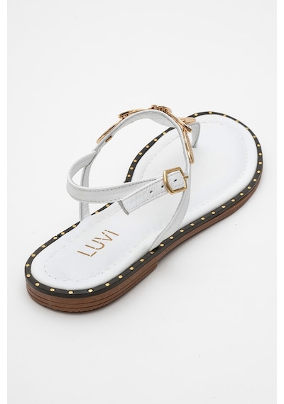 Luvishoes Luvi Shoes Marea Beyaz Hakiki Deri Parmak Arası Gold Tokalı Kadın Sandalet Beyaz
