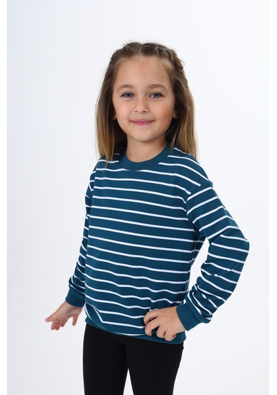 Toontoy Kız Çocuk Çizgili Sweatshirt Petrol Mavi