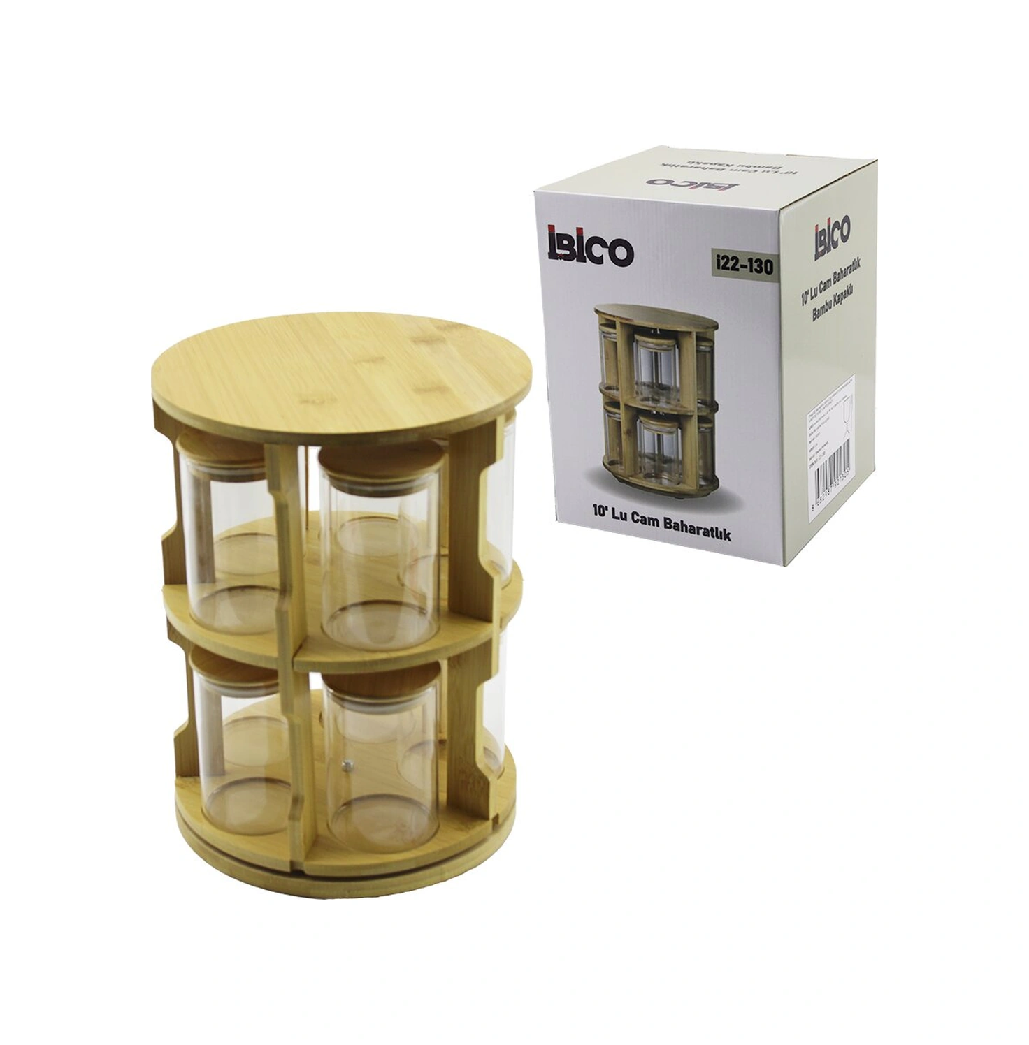 Lunaev 10 Pcs Yuvarlak - Döner Standlı Cam - Bambu Kapak Tuzluk - Baharatlık Bambu Stand Açık Bej