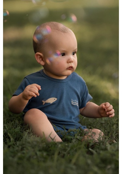 Antebies Bambu, Sustainable, Mavi,balık Nakışlı Kısa Kollu Erkek Bebek Tshirt Şort Takımı