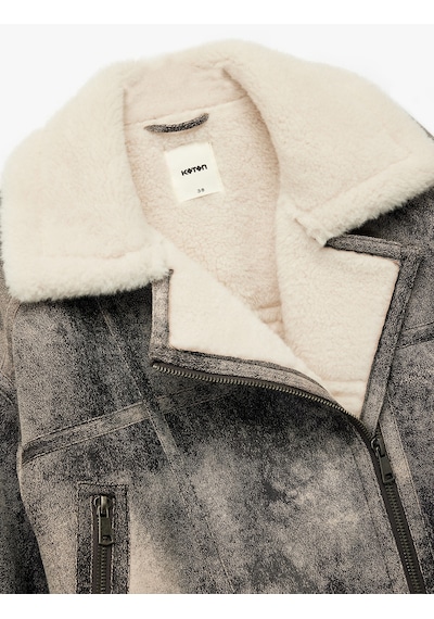 Koton Cepli Fermuarlı Eskitilmiş Süet Görünümlü İçi Suni Kürklü Crop Biker Mont Gri 6wak20063ew Gri
