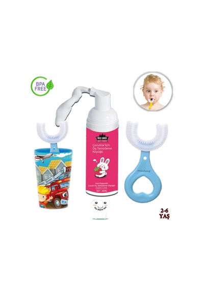 Mas Lord U Tipi Yeni Nesil Diş Fırçası Seti - Mavi Fırçalık + Mavi Kalp 2-6 Yaş +Agarta Çocuk Diş Macunu