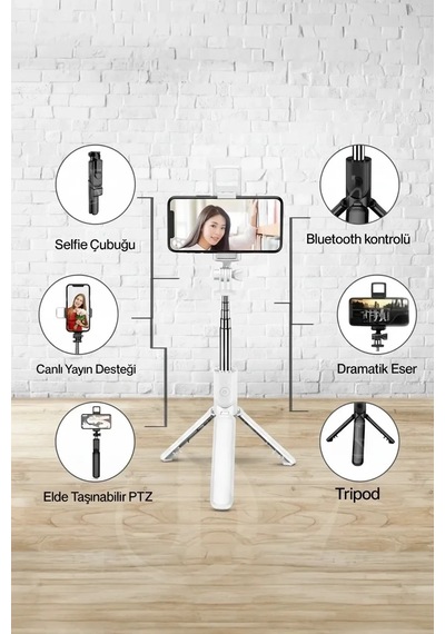 Ers Led Işıklı Selfie Çubuğu Bluetooth Kumandalı Kablosuz Tripot Selfie Monopod Selfie Stick Beyaz