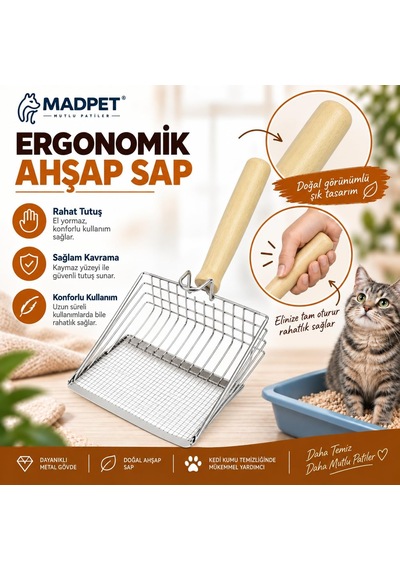 Metal Kedi Kumu Elek Kürek - Ahşap Saplı Paslanmaz Kedi Kumu Küreği - İnce Tel Elek Yapılı Hijyenik Kedi Tuvalet Temizleme Küreği - Dayanıklı Ve Pratik - 26 Cm