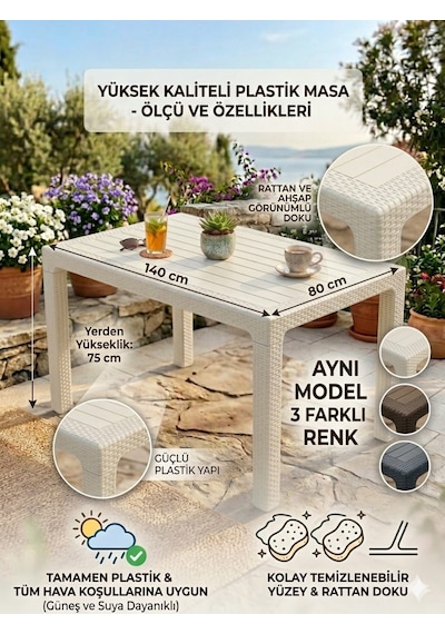 Evko Mobilya Rattan 80x140 Masa, Plastik Masa, Bahçe Balkon Teras Masası, Kare Masa, Dış Mekan Masası Cappuccino