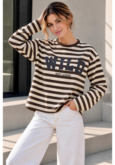 Bbbutikbasic Wild Baskılı Çizgili Uzun Kollu Kadın Sweatshirt My3535 Kahverengi
