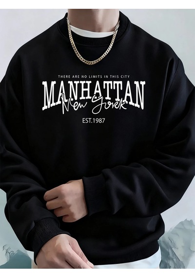 Startmore Tarzsokak Manhattan New York Kelimeler Baskılı Erkek Kapüşonlu Üstleri Sonbahar Bol Sweatshirt Hip Hop Siyah