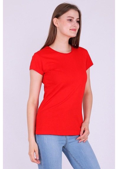 Bisiklet Yaka  %100 Pamuk Basic Baskısız Kadın Örme Kısa Kollu Tshirt 001 Kırmızı Renk