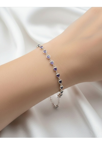 Çekirdekjewelry 925 Ayar Gümüş Kalplı Taşlı Bileklik Gri Mor
