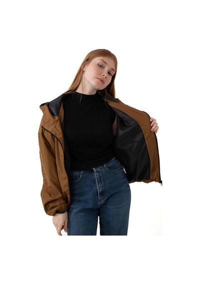 Kadın Kapüşonlu Su Ve Rüzgar Geçirmez Cepli Astarlı Oversize Mevsimlik Yağmurluk-56 Taba
