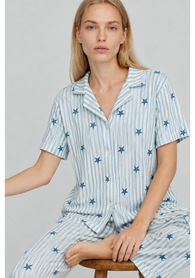 Kadın Kısa Kollu Rahat Mavi Pijama Takımı 4728