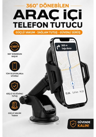 360 Dönebilen Araç Telefon Tutucu - Çift Montajlı Ön Cam + Torpido Tüm Telefonlara Uyumlu Siyah