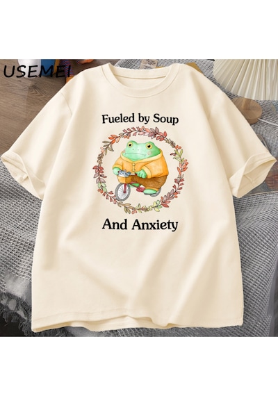 Flood Of Style Çorba Ve Anksiyete T-shirt Komik Kurbağa Grafik Tshirt Pamuk Kısa Kollu T Shirt Unisex Baskıl Haki