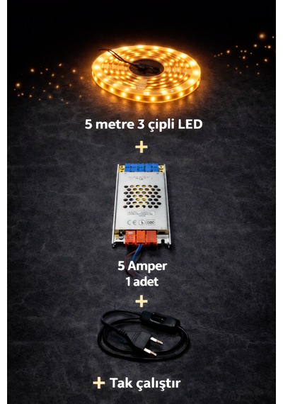3 Çipli 5 Metre Beyaz Let + 5 Amper Trafo Set Amber