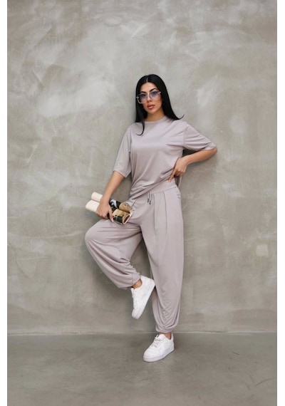 Osy Modal Yumuşak Dokulu Kumaş Oversize Bisiklet Yaka T-shirt Jogger Eşofman Altı Eşofman Takımı - Gri Gri
