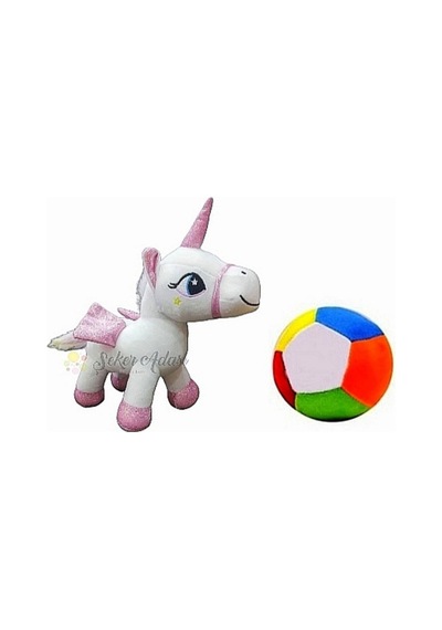 Peluş Beyaz Unicorn Pony At 20 Cm Ve Peluş Top 12 Cm - 2 Ürün 1 Arada Oyuncak Beyaz