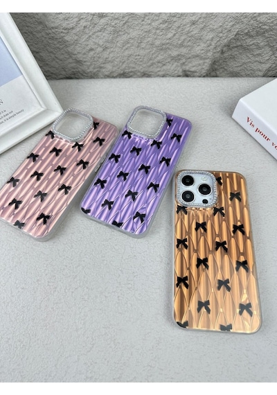 Apple Uyumlu iPhone 14 Taşlı- Fiyonk Desenli Sararmaz Sert Mika Premium Kalite Telefon Kılıfı Arka Kapak Siyah