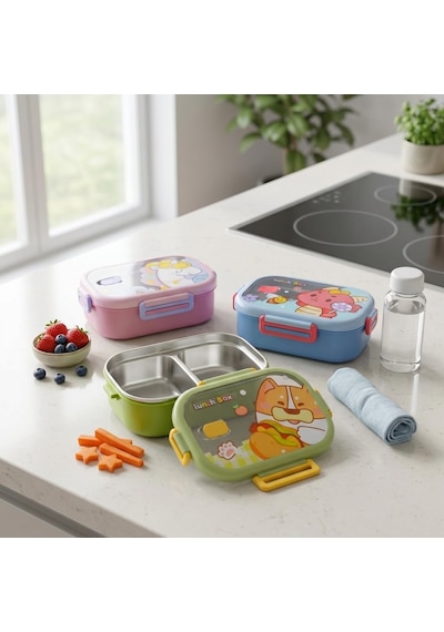 Paslanmaz Çelik 2 Bölmeli Kilitli Yemek Kabı, 850 Ml Renkli Desenli Lunch Box, Çelik İç Hazneli Saklama Ve Taşıma Kabı Çok Renkli