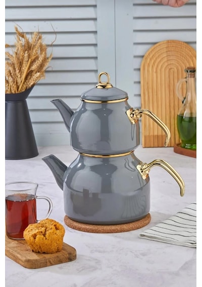 Emaye Özel Tasarım Yapışmaz Yüzey Büyük Boy Demlik Seti Emaye Çaydanlık Üst 1.4 L Alt 2.6 L Gri