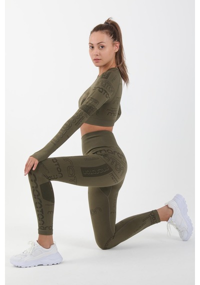 Maraton Active Slimfit Kadın Bisiklet Yaka Uzun Kol Koşu Haki Crop Top 816025 Haki