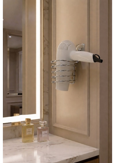 Sas Haus Metal Krom Yapışkanlı Saç Kurutma Makinesi Askısı - Banyo Duvar Düzenleyici Ms-012