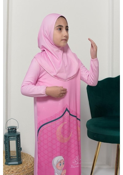 Çocuk Namaz Takımı Pratik Tek Parça Desenli Kollu Tak Çıkar Başörtülü Likralı Tesettür Elbise 6-12 Yaş 925-0201 Pembe