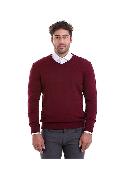Hatemoğlu Erkek Bordo Regular Fit Desenli V Yaka Triko Kazak