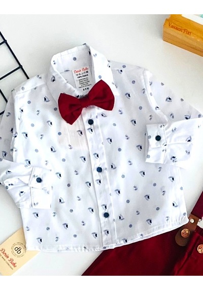 Murat Baby Neşeli Bebekler Papyonlu Pantolon Askılı Gemi Desen Gömlekli Takım Bordo