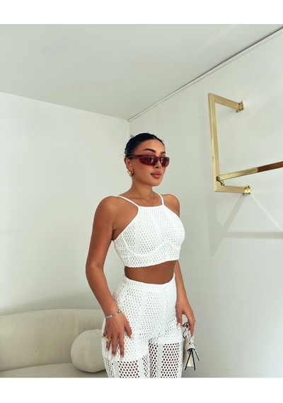 Fashion Cocktail Kısa Astarlı Fileli Lastik Bel Dar Kombin Modern Pantolon Beyaz
