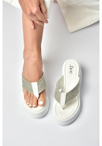 Fox Shoes Y973525309 Beyaz Taş Detaylı Parmak Arası Kalın Tabanlı Kadın Terlik