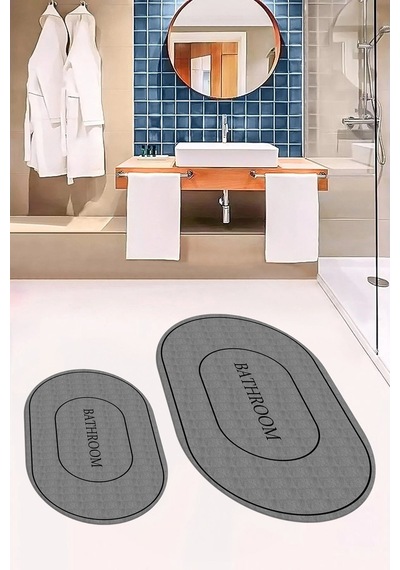 Buççin Online Mağaza Dijital Baskılı Yıkanabilir Kaymaz Sade Bathroom Yazılı Oval Banyo Paspası Klozet Takımı Polipropile Çok Renkli