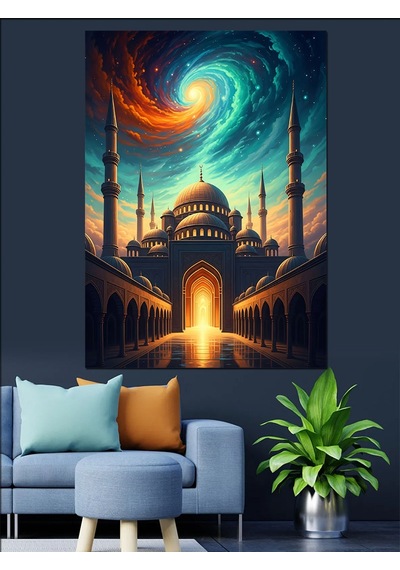 Ahşap Tablo Mistik Cami Ve Gece Gökyüzü