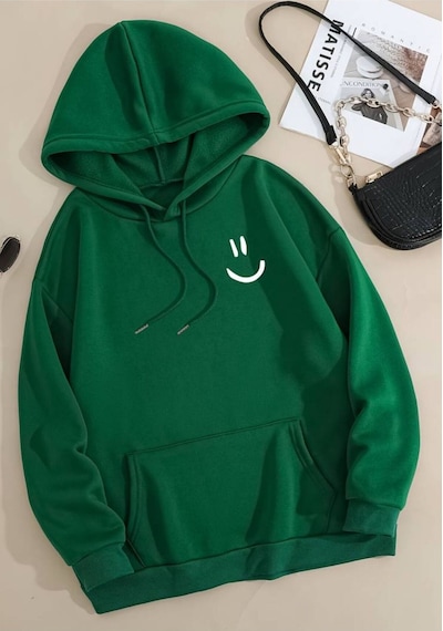 Caddekombin Gülen Yüz Baskılı Yumuşacık Sweatshirt Yeşil